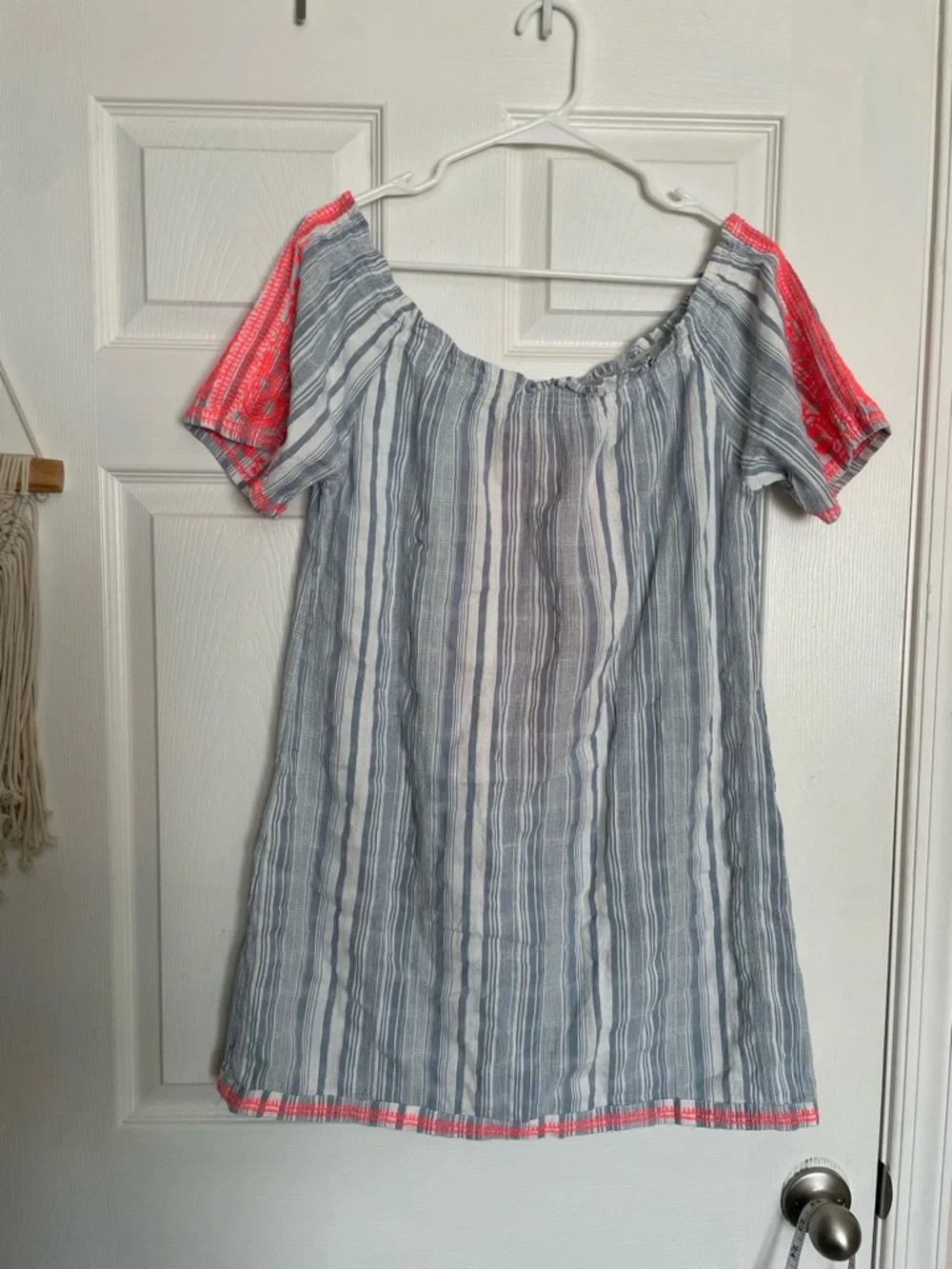 Blue Island Women’s Large Striped Off-Shoulder Dress with Neon Coral Embroidery - Picture 10 of 10